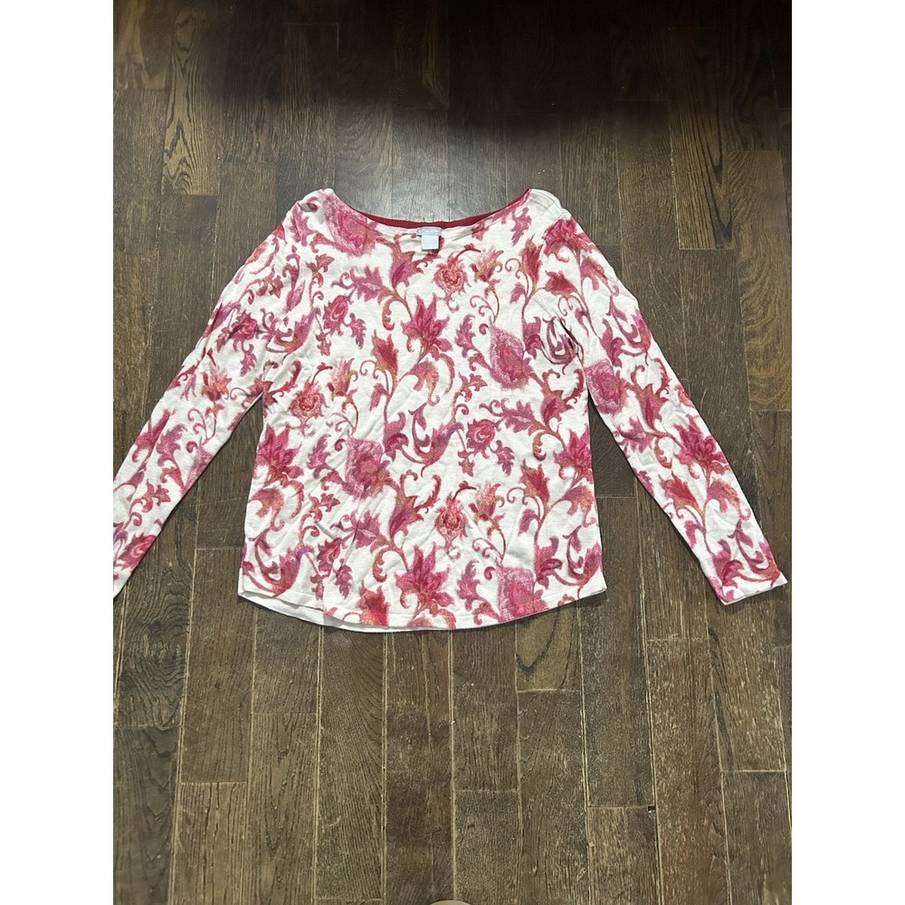 Womens Sweater-CHICO'S-ivory/rose floral rayon blend pullover long sleeves-1 (M)
